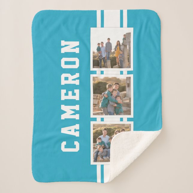 Editable Colour Sporty Varsity White Stripes Photo Sherpa Blanket (Front)