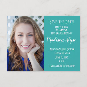 Editable Colour Teal Photo Graduation Save Date Announcement Postcard