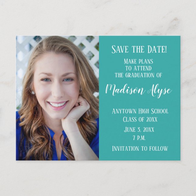 Editable Colour Teal Photo Graduation Save Date Announcement Postcard (Front)