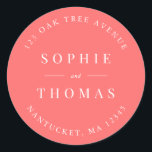 Editable Colour Wedding Return Address Modern Classic Round Sticker<br><div class="desc">Editable Colour Wedding Return Address Modern Classic Round Sticker with text in white against an editable background colour; to change it from coral to a colour of your choice, click the customise button. Personalise it by replacing the placeholder text. For more options such as to change the font, it's size...</div>