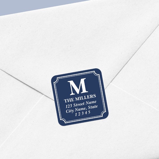 Editable Colour with White Border Monogram Address Square Sticker (Creator Uploaded)