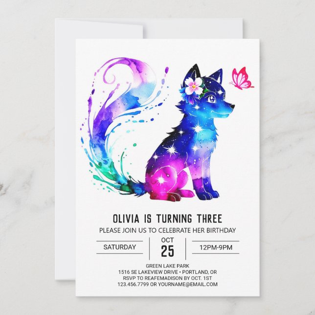 Editable Colourful Wolf Digital Girl Birthday Invitation (Front)