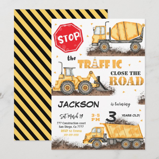 Editable Construction Birthday Invitation (Front/Back)
