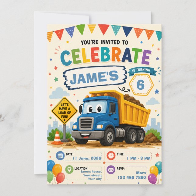 Editable Construction Birthday Invitation for Kids (Front)