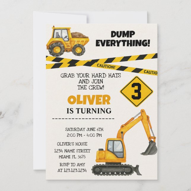 Editable Construction Birthday Invitations (Front)