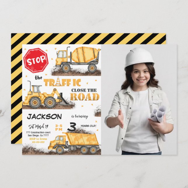 Editable Construction Birthday Photo Invitation (Front/Back)