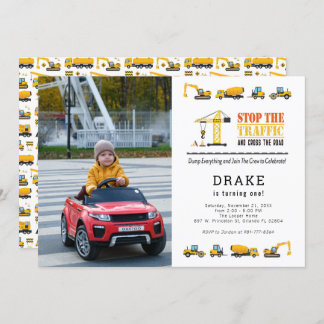Editable Construction Trucks Theme Photo Birthday Invitation