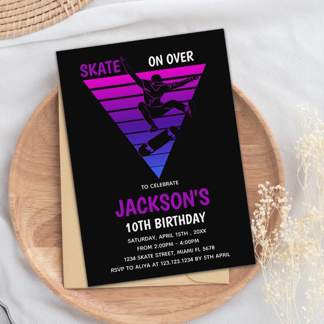 Editable Cool Skater Party Invite (Purple Blue Skateboards Birthday Invitations)