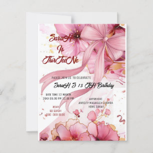 Editable Coquette Pink Bow Birthday Invitation, Pi Postcard