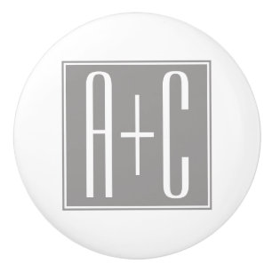 Editable Couples Initials White & Grey Ceramic Knob