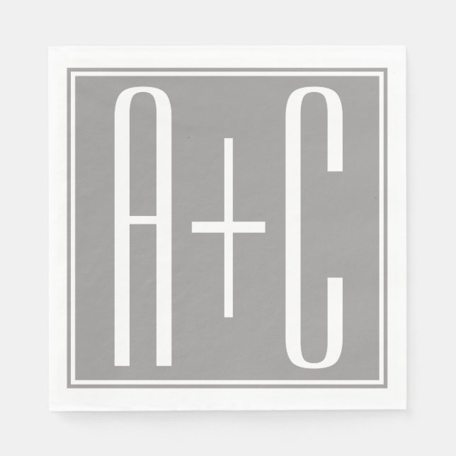Editable Couples Initials | White & Grey Napkin (Front)
