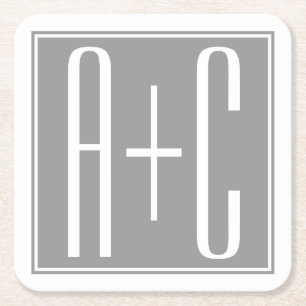 Editable Couples Initials   White & Grey Square Paper Coaster