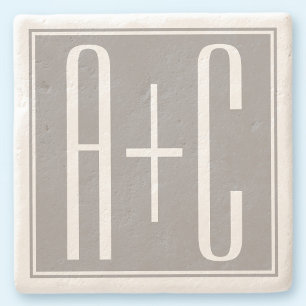 Editable Couples Initials White & Grey Stone Coaster