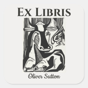 Editable Cow Lying Down Bookplate Sticker