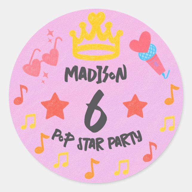 Editable Crayon Style – Pop Star Diva Birthday Classic Round Sticker (Front)