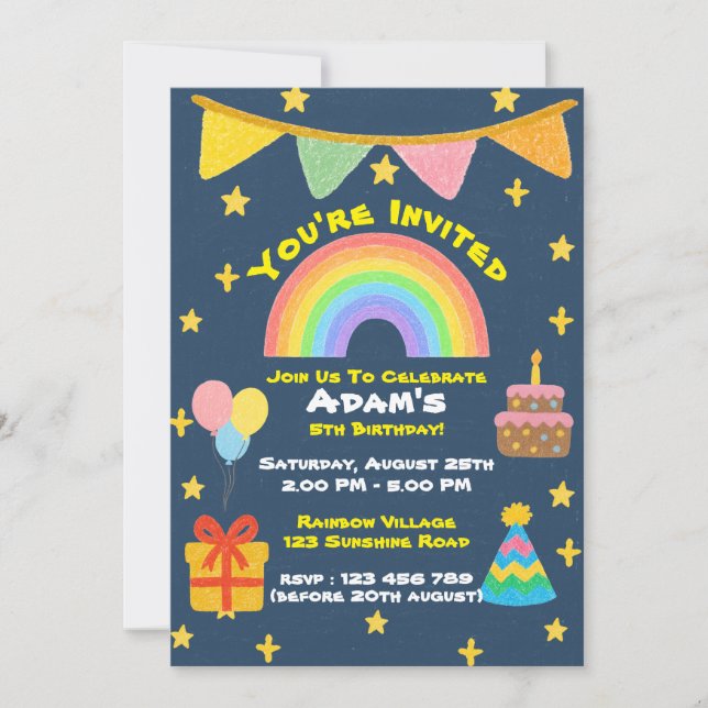 Editable Crayon Style – Rainbow Celebration Fiesta Invitation (Front)