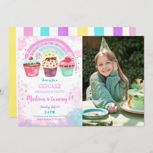 Editable Cupcake Birthday Photo Invitation (Front/Back)