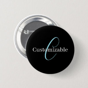 Editable Cursive Script Monogram Black Blue White 6 Cm Round Badge