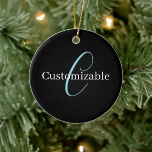 Editable Cursive Script Monogram Black Blue White Ceramic Tree Decoration