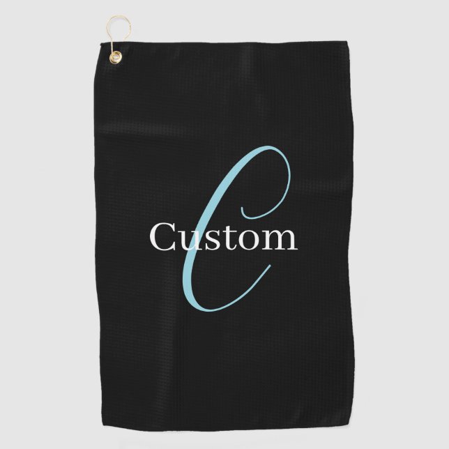 Editable Cursive Script Monogram Black Blue White Golf Towel (Front)