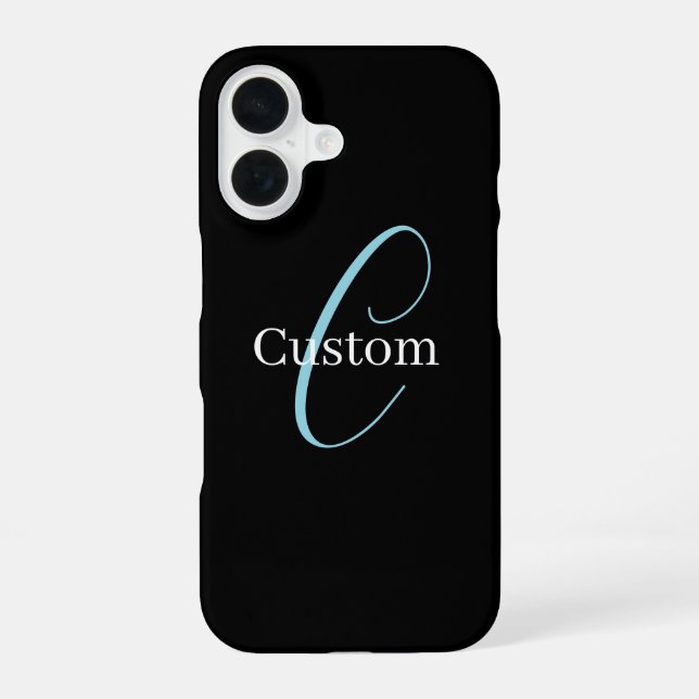 Editable Cursive Script Monogram Black Blue White iPhone 16 Case (Back)