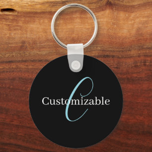 Editable Cursive Script Monogram Black Blue White Key Ring