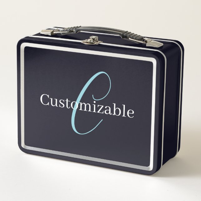 Editable Cursive Script Monogram Black Blue White Metal Lunch Box (Front)