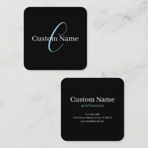 Editable Cursive Script Monogram Black Blue White Square Business Card