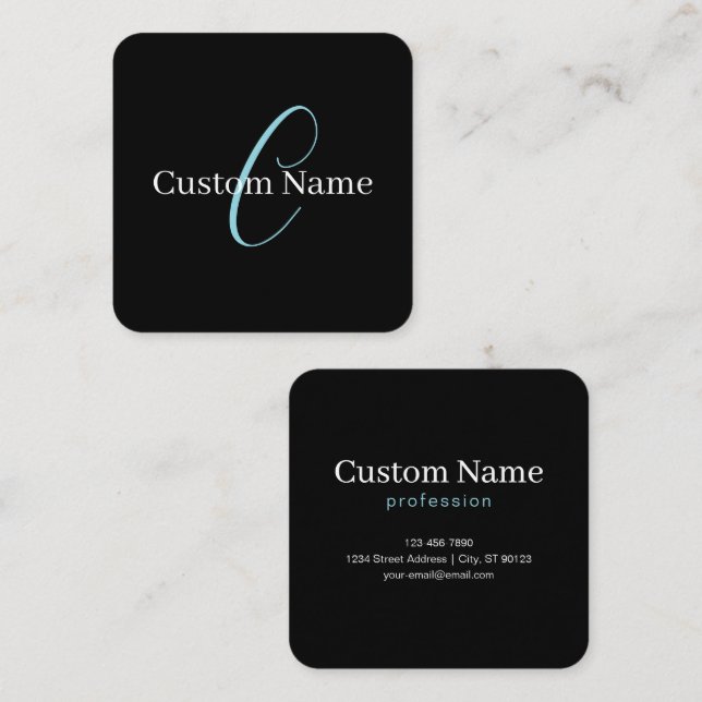 Editable Cursive Script Monogram Black Blue White Square Business Card (Front/Back)