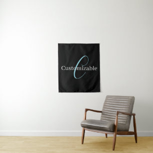Editable Cursive Script Monogram Black Blue White Tapestry