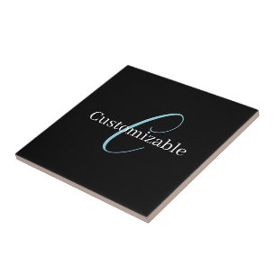 Editable Cursive Script Monogram Black Blue White Tile