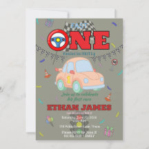 Editable Cute Car First Birthday Invitation