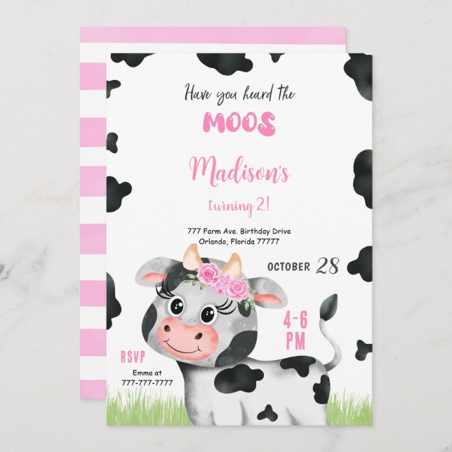 Editable Cute Cow Birthday Invitation (Front/Back)