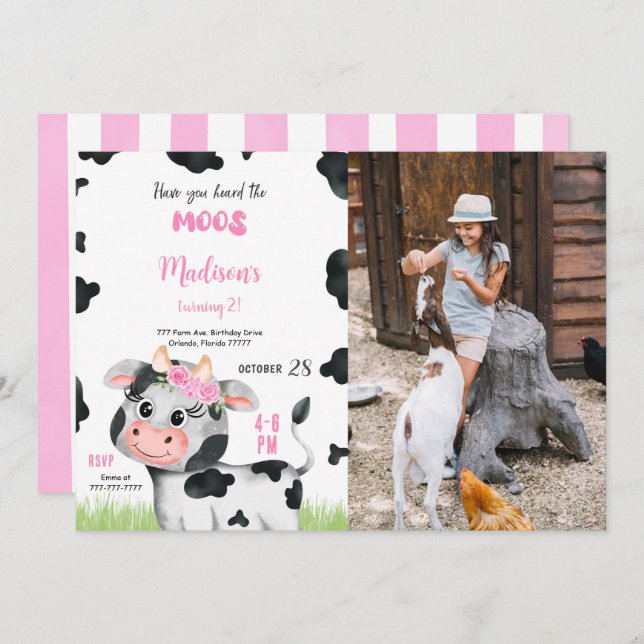 Editable Cute Cow Birthday Photo Invitation (Front/Back)