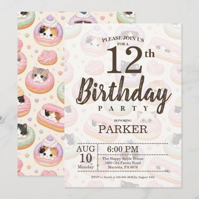 Editable Cute Doughnut Cat 12th Birthday Party Invitation (Front/Back)