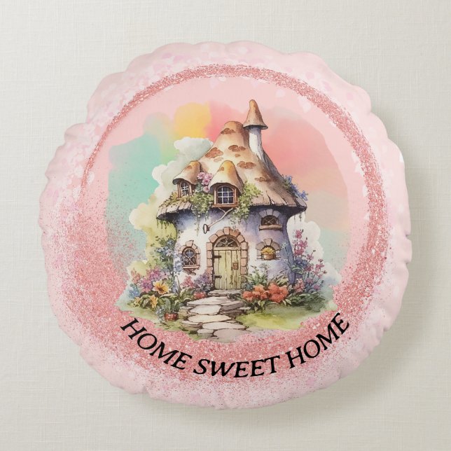 Editable Cute Fairy House Home Sweet Home Round Cushion (Front)