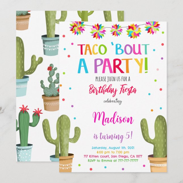 Editable Cute Fiesta Birthday Party Invitation (Front/Back)