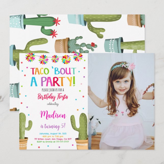 Editable Cute Fiesta Birthday Party Photo Invitation (Front/Back)