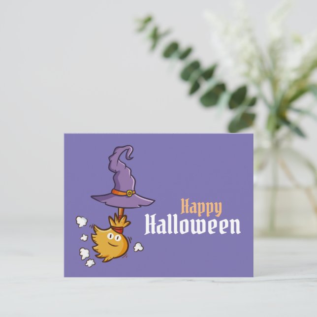 Editable Cute Halloween Broom Postcard (Standing Front)