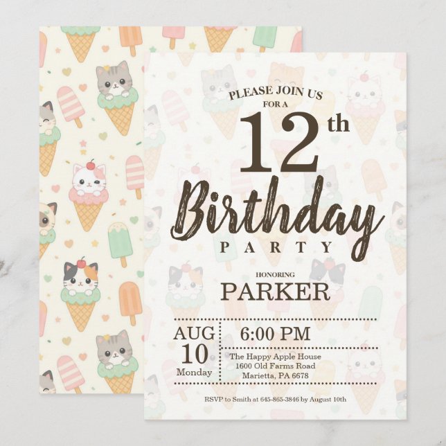 Editable Cute Ice Cream Cat 12th Birthday Party Invitation (Front/Back)
