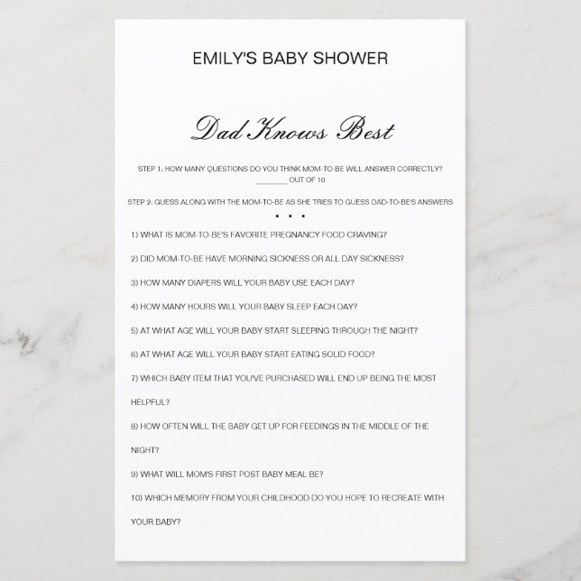 Editable Dad Knows Best Baby Shower Game (Front)
