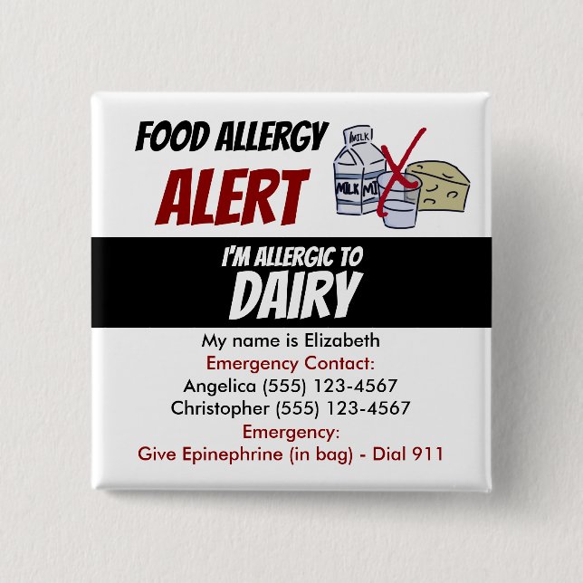 Editable Dairy Food Allergy Alert Warning 15 Cm Square Badge (Front)