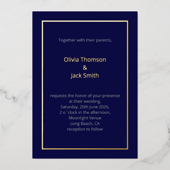 Editable Dark Blue Gold Wedding Foil Invitation (Front)
