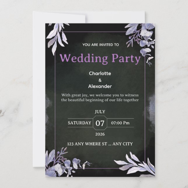 Editable Dark Botanical Wedding Invitation (Front)