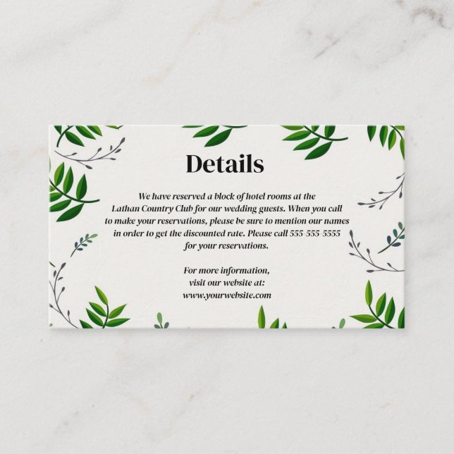 Editable Dark Green Leaves Details of the Wedding Enclosure Card (Front)