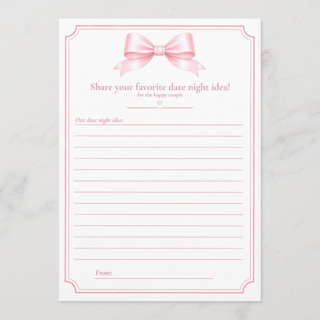 Editable Date Night Ideas Bridal Shower Game Cards (Front)