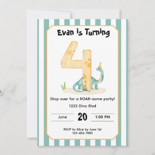 Editable Dinosaur 4th Birthday Invitation 