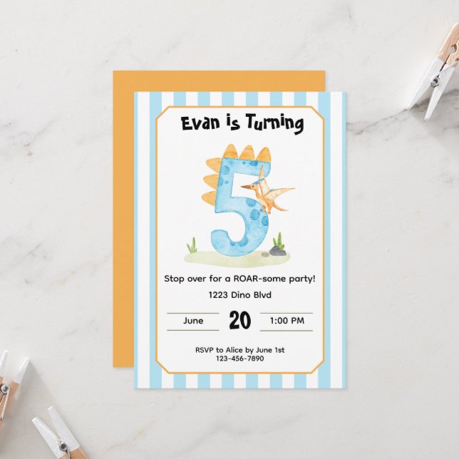 Editable Dinosaur 5th Birthday Invitation  (Front/Back In Situ)