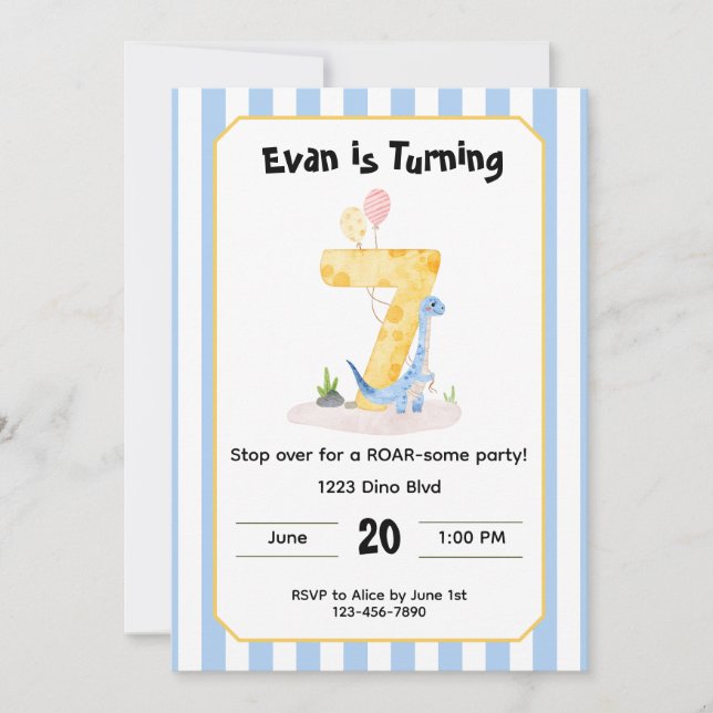 Editable Dinosaur 7th Birthday Invitation  (Front)