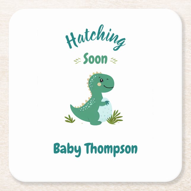 Editable Dinosaur Baby Boy Shower Hatching Soon Square Paper Coaster (Front)